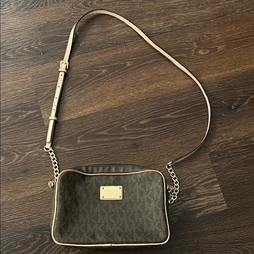 Michael Kors Brown Logo Crossbody with Tan Trim and Gold Hardware